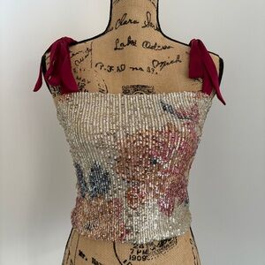 ✨ Free People Sequin Floral Camisole with Dark Red Tie Straps, XS✨